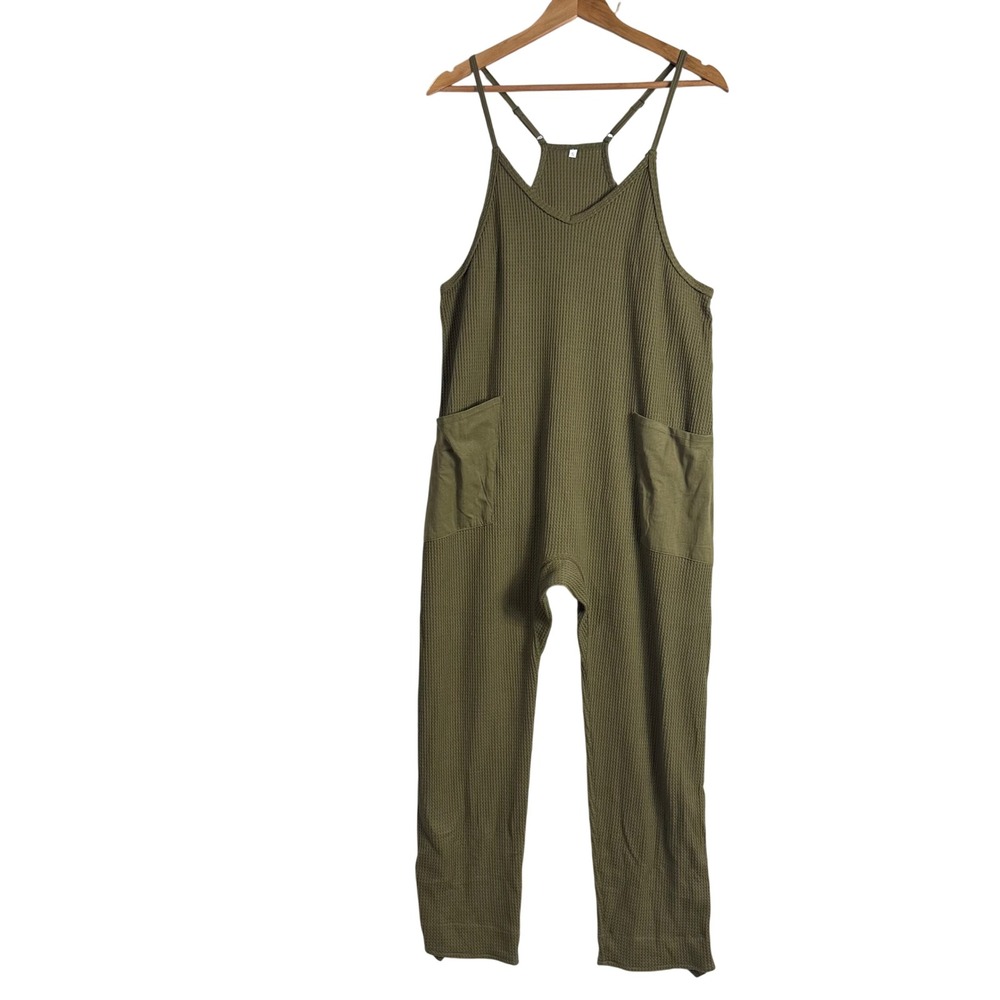 Olive Green Waffle Knit Harem Jumpsuit Sleeveless Boho Overalls S boho artsy